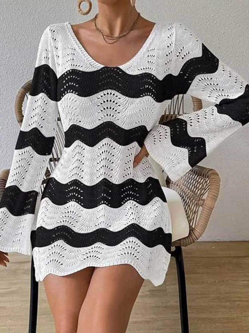 ZARA Sexy See Through Knit Striped Long Sleeve Bikini Cover Up Sun Protection